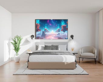 Futuristic Sky City Wall Art Print, Sci-Fi Floating Buildings, Neon Fantasy Landscape ( Digital Download)