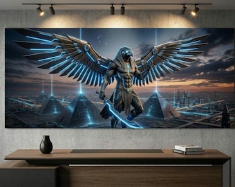 Arte mural cyberpunk de Horus / Lámina del dios egipcio Halcón / Póster de ciencia ficción de alienígenas antiguos / Decoración para sala de juegos / Descarga digital