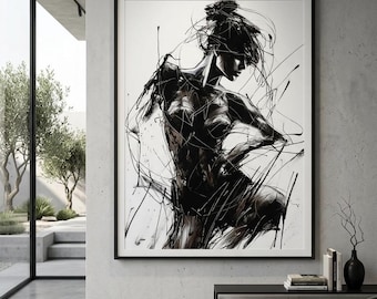 Cuadro de figura femenina para pared / Boceto en tinta blanca y negra / Impresión de cuerpo femenino expresivo / Decoración moderna para dormitorio / Descarga digital