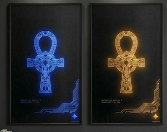 Cyberpunk Ankh-bundelset - kobaltblauw en ambergouden circuitprint - hoge resolutie - futuristische muurkunst uit het oude Egypte, digitale download