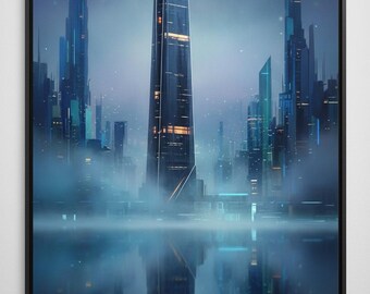 Abstract Cityscape Prints, Modern Urban Wall Art, Blue Amber Skyline (Digital Download)