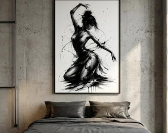 Cuadro decorativo de bailarina, boceto minimalista a tinta, decoración para el hogar en blanco y negro, elegante lámina para dormitorio, descarga digital.