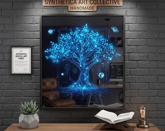 Cyberpunk levensboom kunst aan de muur, sci-fi neuraal netwerk print, blauw gloeiende circuit poster, digitale download, vierkant modern tech decor
