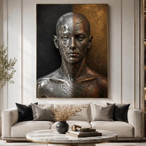 Op de afbeelding: Een rechthoekig wandkunstwerk met een gespleten portret. De linkerkant is van gepolijst zilver met ingewikkelde wervelende patronen, terwijl de rechterkant van getextureerd, verweerd brons is met zichtbare scheuren tegen een donkere achtergrond.