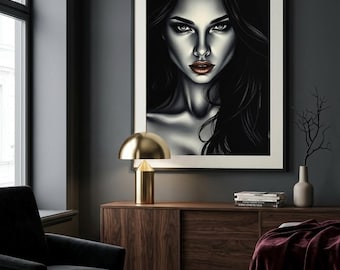 Mysterieuze vrouw inkt portret muur kunst femme fatale donkere esthetische poster verleidelijke godin print grote moderne galerij kunst digitale download
