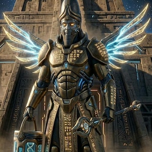 Puede incluir: Una figura futurista con armadura dorada con detalles azules brillantes, sosteniendo una linterna y un bastón. La figura tiene alas brillantes y está de pie frente a una pirámide bajo un cielo estrellado. La armadura está detallada con jeroglíficos.