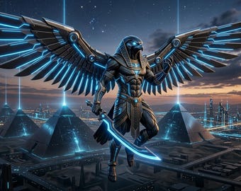 Horus cyberpunk Art Print, oude buitenaardse Anunnaki poster, futuristische Egyptische Falcon God kunst aan de muur, Sci-Fi mythologie digitale download, 8K JPG