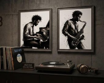 Conjunto de 2 láminas decorativas para pared de dúo de jazz / Impresión de salpicaduras de tinta para piano y saxofón / Póster díptico de músico / Descarga digital