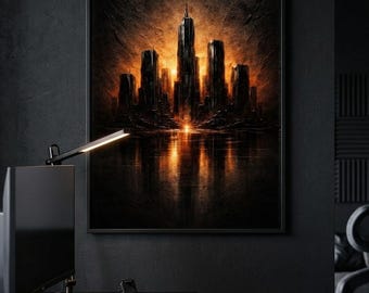 Futuristische gouden stadsgezicht kunst aan de muur, cyberpunk metropolis poster, sci-fi dystopische stad print, donker esthetisch decor, digitale download