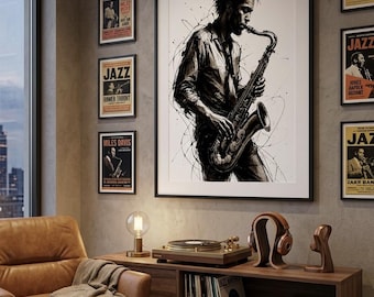 Arte mural de saxofonista de jazz / Lámina de saxofón en tinta negra / Póster musical abstracto / Decoración para sala de estar de club de jazz / Descarga digital