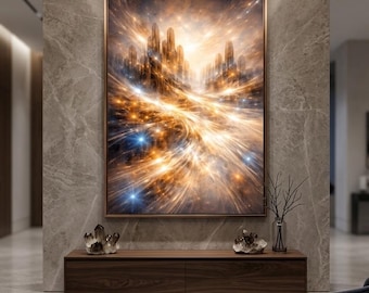 City Lights abstracte kunst aan de muur, futuristisch gouden stadsgezicht, cyberpunk energiestroom print, modern kantoordecor, grote digitale download [digitaal]