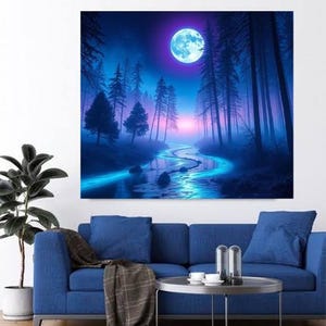 Cosmic Moon River Print Set |  Cyan Violet Blue, Fantasy Art (Digital Download)