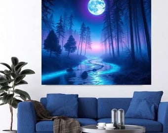 Cosmic Moon River Print Set |  Cyan Violet Blue, Fantasy Art (Digital Download)