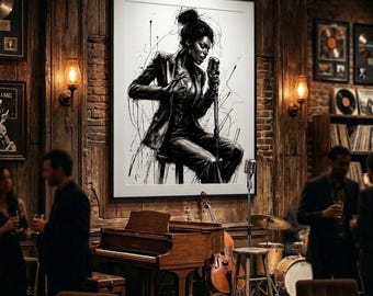 Fototapeta z piosenkarką jazzową | Portret z czarnym tuszem | Ekspresyjny szkic wokalisty | Dekoracja ścienna z muzyką pełną duszy | Pobieranie cyfrowe