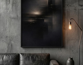 Donkere abstracte cyberkunst aan de muur, minimalistische futuristische digitale download, humeurige industriële print, modern noir interieur, grote poster [digitaal]