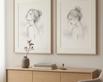 Minimalistische vrouw potloodschets set van 2, scandi-stijl vrouwelijk portret, neutrale kunst aan de muur, elegante slaapkamerinrichting (digitale download)