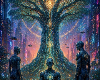 Árbol de la Vida Espiritual para Pared, Decoración para Sala de Meditación, Lámina Cyber Zen, Descarga Digital Futurista, Póster Místico Moderno, Arte para Sala de Yoga