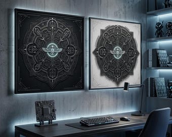 Cyber-Anunnaki geometrische kunstset, 2-delige Mesopotamische wanddecoratie, futuristische minimalistische technische prints, digitale download met hoge resolutie