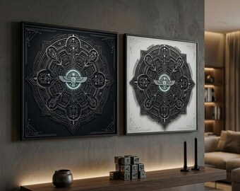 Conjunto de 2 láminas de arte mural geométrico Anunnaki / Impresión de símbolos sumerios / Díptico de luces y sombras / Decoración de antiguos alienígenas / Descarga digital