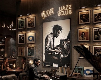 Arte mural de pianista de jazz, decoración musical con ambiente, lámina de piano en tinta negra, póster musical abstracto, arte moderno para el hogar y la oficina / descarga digital