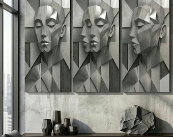 Conjunto de 3 láminas de arte mural con rostros geométricos / Tríptico de retratos abstractos / Decoración de pared tipo galería en tonos grises neutros / Lámina moderna para oficina / Descarga digital