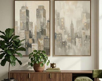 Juego de 2 láminas de paisajes urbanos / Arte de pared en tonos beige y gris / Póster abstracto de horizonte urbano / Decoración para sala de estar, hogar y oficina / Descarga digital