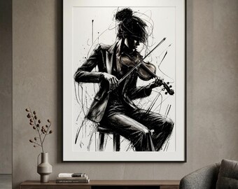 Cuadro de violinista, arte en tinta blanca y negra, dibujo expresivo de figura, regalo para amantes de la música, descarga digital.