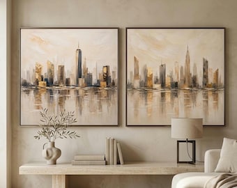 Conjunto de 2 láminas decorativas de paisaje urbano en tonos dorados neutros / Lámina abstracta de horizonte / Decoración para salón y comedor / Descarga digital en tonos cálidos