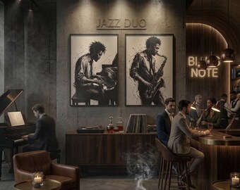 Láminas con salpicaduras de tinta de dúo de jazz, arte de piano y saxofón, decoración moderna para clubes de jazz (descarga digital)