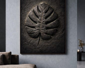 Brutalistische monstera blad kunst aan de muur, betonnen textuur poster, 3D-effect minimalistische botanische print, industriële loft decor, digitale download