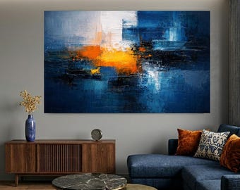 Abstracte blauworanje canvasprint, getextureerd schilderij, woonkamerdecoratie (digitale download)