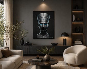 Kunst aan de muur Egyptische koningin, futuristisch portret Nefertiti, sci-fi godin print, hoge resolutie donkere luxe interieur, digitale download