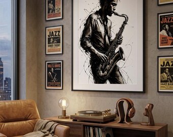 Arte mural de saxofonista de jazz / Decoración musical con ambiente / Lámina de saxofón en tinta negra / Póster musical abstracto / Descarga digital