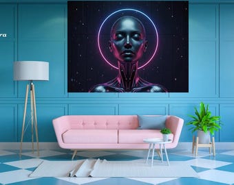 Cyber Halo Woman Portrait – Futuristic Neon Sci-Fi Goddess Digital Print (Digital Download)