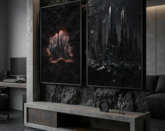 Obsidiaan ondergrondse stad - set van 2 cyberpunkprints, donkere industriële minimalistische muurkunst, futuristisch ondergronds decor, digitale download