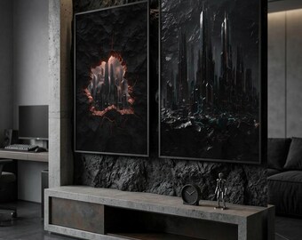 Conjunto de arte Obsidian City / Lámina underground ciberpunk oscura / Póster díptico futurista (descarga digital)