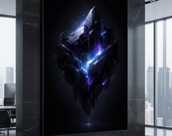 Cyberpunk abstracte muurkunst, futuristische obsidiaan kubus print, Dark Tech decor, blauwe neon sci-fi poster, industrieel decor, digitale download