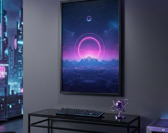 Neon kosmisch landschapskunst aan de muur, futuristische ruimteposter, Vaporwave Mountain-print, Sci-Fi Galaxy (digitale download)