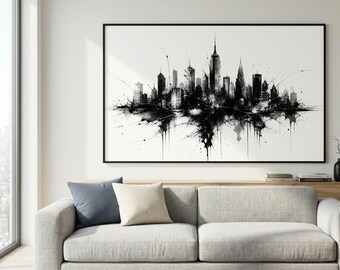Lámina artística con efecto de salpicaduras de tinta del horizonte de Nueva York, decoración de pared urbana moderna (descarga digital)