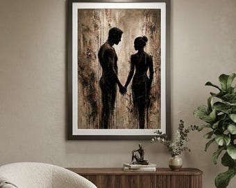 Love Couple Silhouette Wall Art | Sepia Gold Impasto Print | Holding Hands Poster | Printable Digital Download