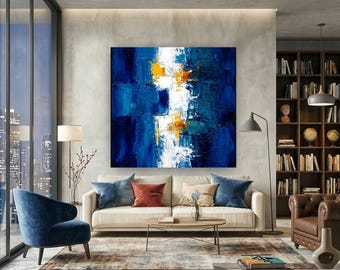 Lámina artística abstracta con textura de impasto en azul marino y dorado, decoración de pared moderna (descarga digital)