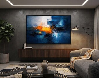 Abstrakter Impasto-Druck in Blau und Orange | Wandbild in Farbblöcken | Wohn- und Schlafzimmerdekoration | Digitaler Download