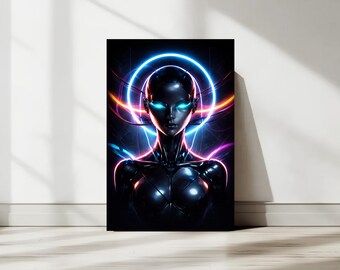 Futuristic Android Wall Art, Neon AI Woman Minimalist Poster (Digital Download)
