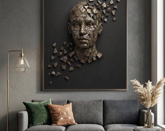 Brązowy portret z fragmentami twarzy | Rozbita rzeźba | Surrealistyczna metaliczna sztuka ścienna | Pobieranie cyfrowe