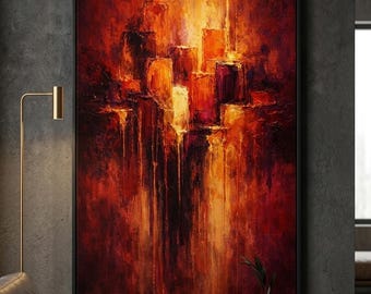 Abstracte roodgouden muurkunst, getextureerde olieverfschilderij digitale download, moderne luxe inrichting, donkerrood oranje impasto print, grote afdrukbare kunst