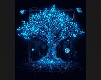Futuristic Tree of Life Wall Art – Blue Neon Cyber Tech Poster (Digital Download)