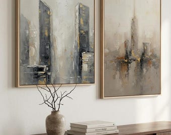 Abstract stadsgezicht muur kunst set van 2, neutrale stedelijke canvasafdrukken, bladgoud getextureerde schilderij, modern kantoordecor, digitale download