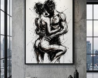 Lámina decorativa para pared con diseño de pareja romántica / Dibujo de figura en tinta blanca y negra / Decoración para dormitorio / Póster de amantes apasionados / Descarga digital