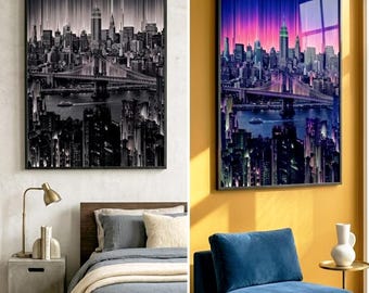 New York Cityscape Glitch Art Set van 2 digitale prints, moderne pixelsortering muurkunst, posterbundel NYC Skyline, blauworanje en zwart-wit decor