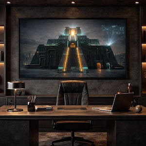 Lámina de Zigurat de Alienígenas Ancestrales, Templo Sumerio Cyberpunk, Póster de Tecnología Anunnaki (Descarga digital)